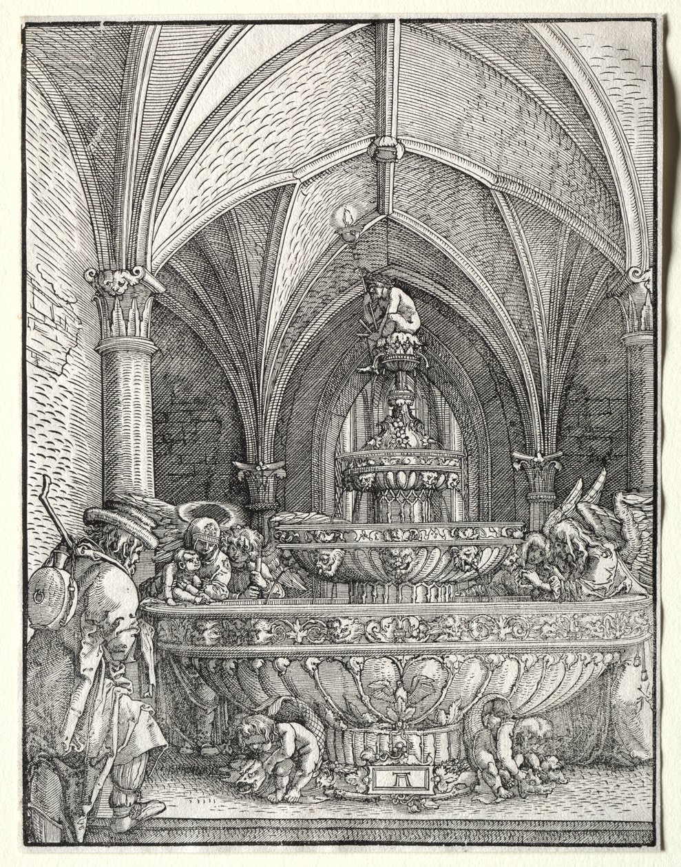 Den heliga familjen på flykt till Egypten vid en fontän, ca. 1520. av Albrecht Altdorfer