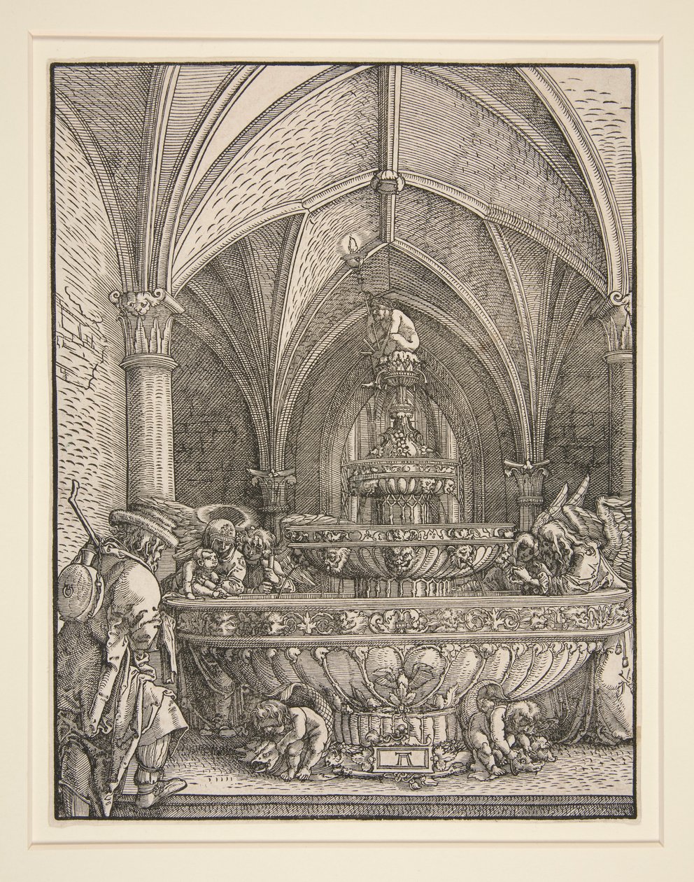 Den heliga familjen på flyget till Egypten vid en fontän av Albrecht Altdorfer