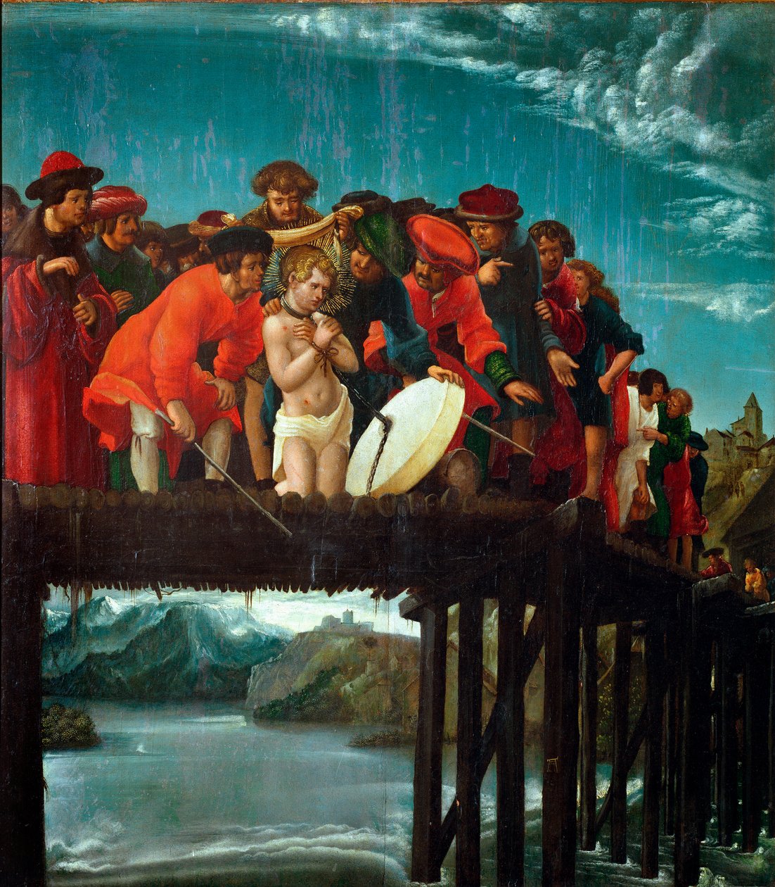 Martyren av Saint Florian Christian Florian, martyrskap under förföljelsen av Diocletianus, kastades i floden nära Lorch i Österrike år 304 e.Kr. Detalj. Målning av Albrecht Altdorfer (1480 ca.-1538) 1525-1530 Dim. 76x67 cm Florence, galleria degl av Albrecht Altdorfer