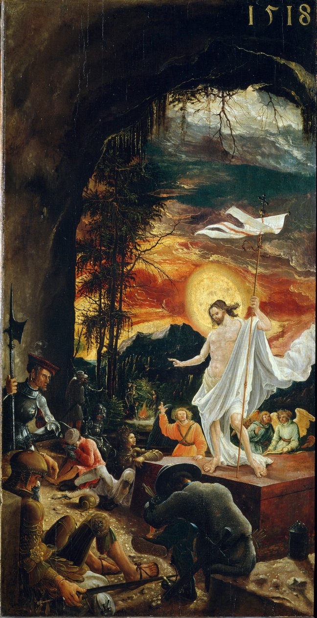 Kristi uppståndelse Han håller en korspinne vid vars ände flyter en vit flagga (standard). Målning av Albrecht Altdorfer (ca 1480-1538) 1518 Dim. 70x37 cm Wiens konsthistoriska museum av Albrecht Altdorfer