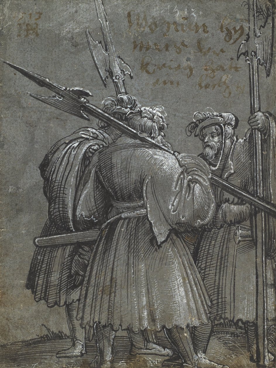 Tre nattväktare, 1513 (ritning på blått grått papper) av Albrecht Altdorfer