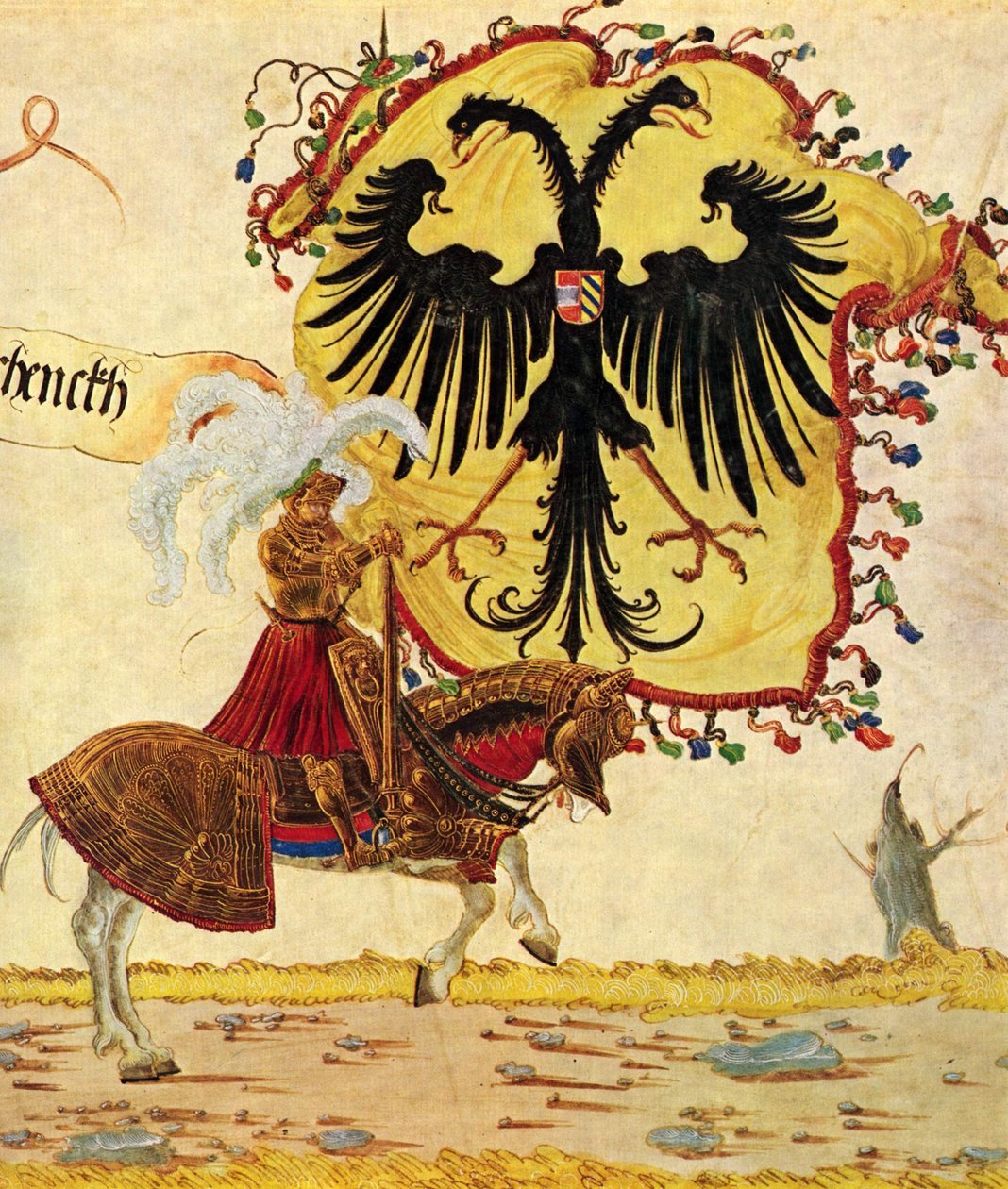Kejsar Maximilians triumftåg, scen: Kejserlig fana och svärd, detalj av Albrecht Altdorfer