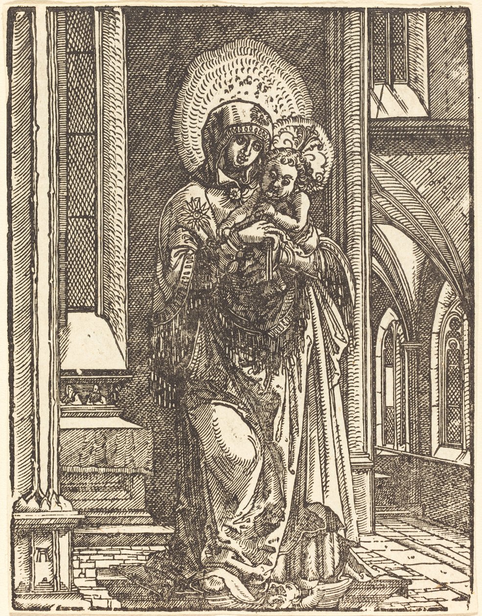 Jungfru och barn i en kyrka av Albrecht Altdorfer