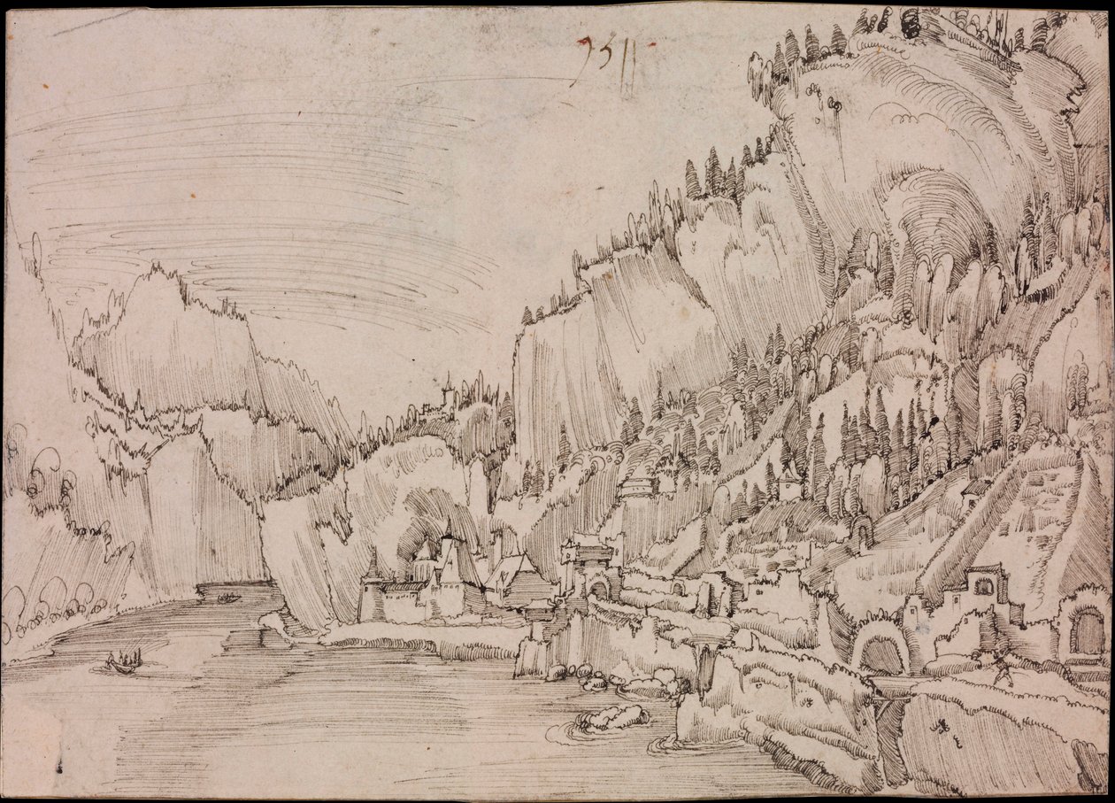 Utsikt över Sarmingstein vid Donau (Österrike) - Teckning av Albrecht Altdorfer (cirka 1480-1538) av Albrecht Altdorfer