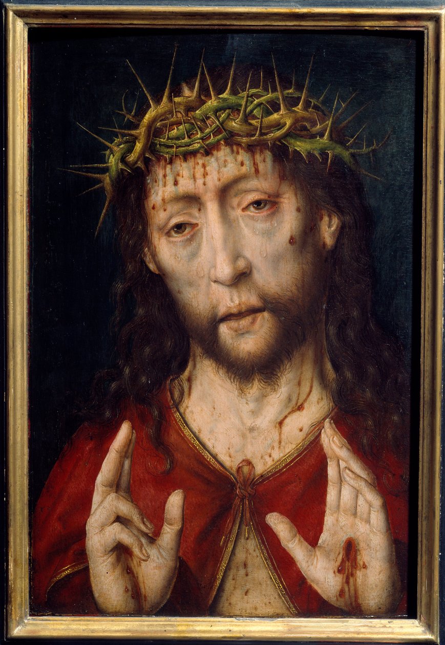 Smärtans Kristus. Kristi ansikte i blodsår av törnekrona med stigmas i handflatorna. Målning av Albrecht Bouts (v.1455-1549) Ec. Hol. av Albrecht Bouts
