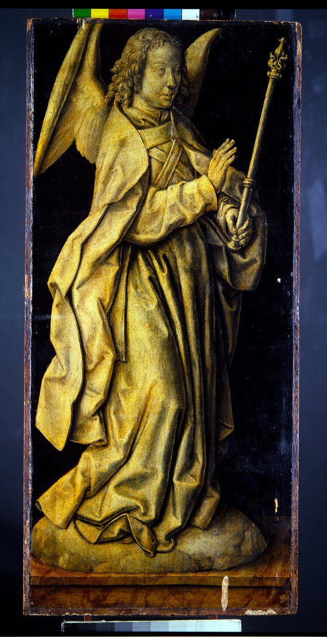 Tidigare vingar i en triptyk, ett par, Kvinnofigurer som personifierar visdom och generositet, med bebådelsen (panel; en grisaille a tergo) av Albrecht Bouts