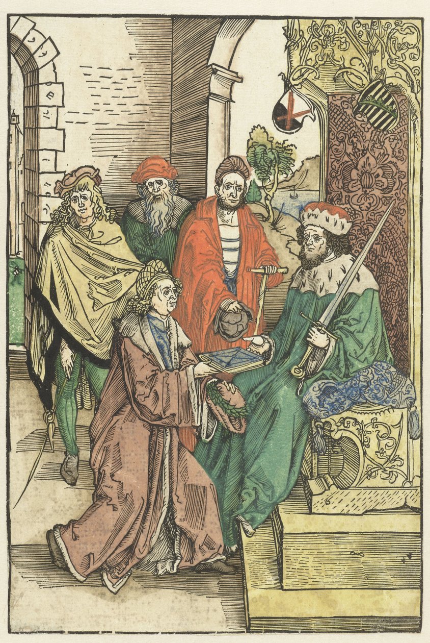 Conrad Celtis överlämnar Fredrik III den vise, kurfurst av Sachsen, med en bok med Roswithas verk av Gandersheim av Albrecht Dürer (attributed to)