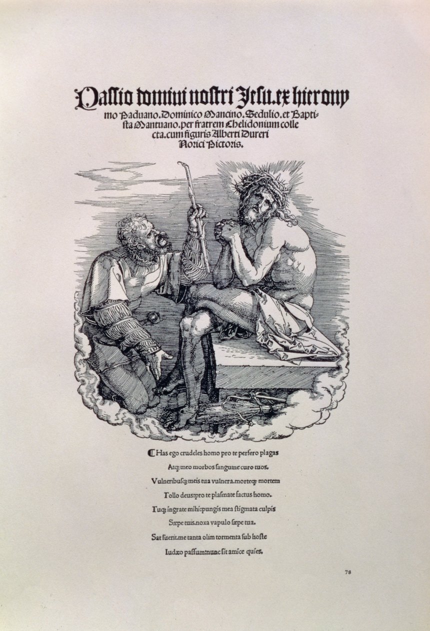 En romersk soldat som hånar Kristus, med konstnärens namn på latin ovanför och nedanför en dikt som hyllar mannen för hans synder, titelsida till serien The Great Passion, pub. 1511 av Albrecht Dürer