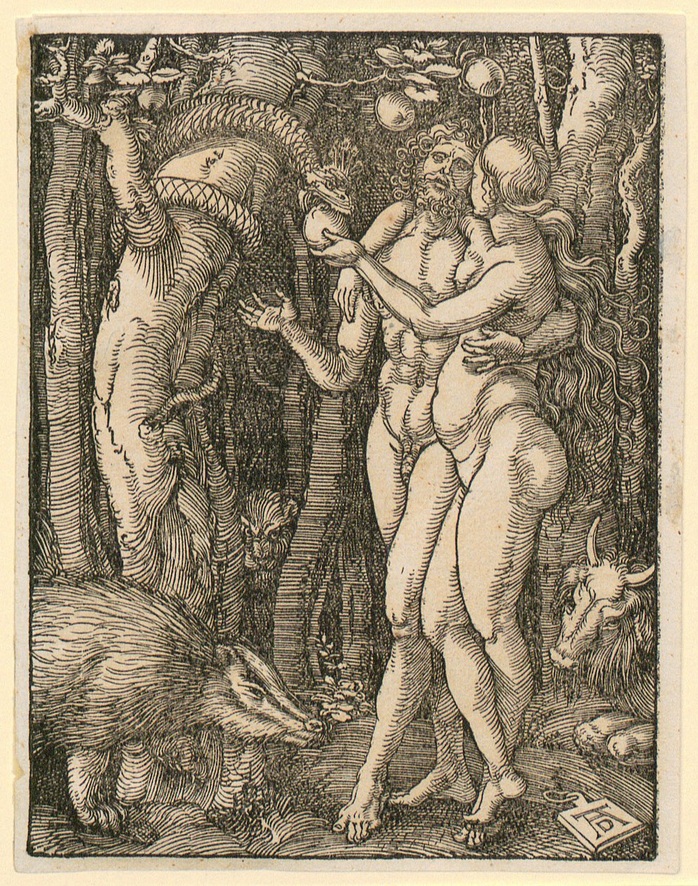 Adam och Eva, blad 2 ur serien "Lilla träsnittspassionen" av Albrecht Dürer