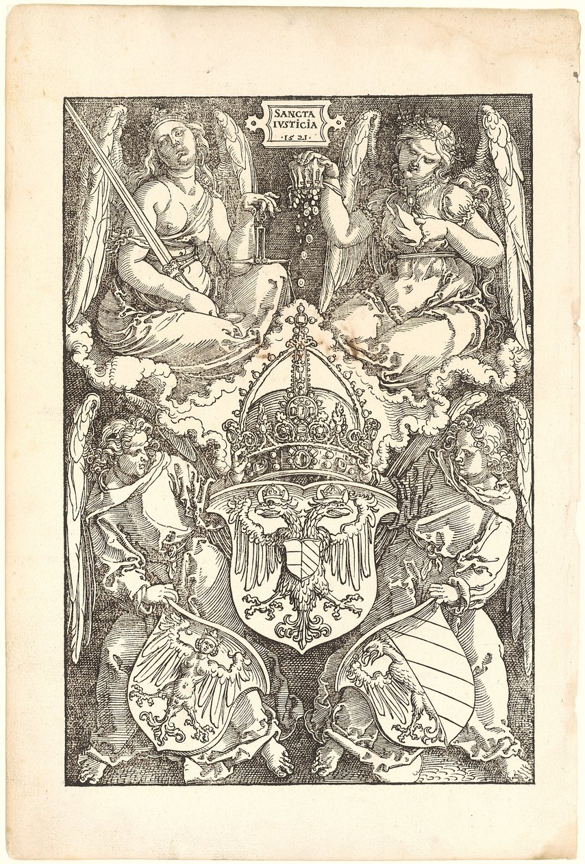 Allegori med riket och staden Nürnbergs vapensköldar av Albrecht Dürer