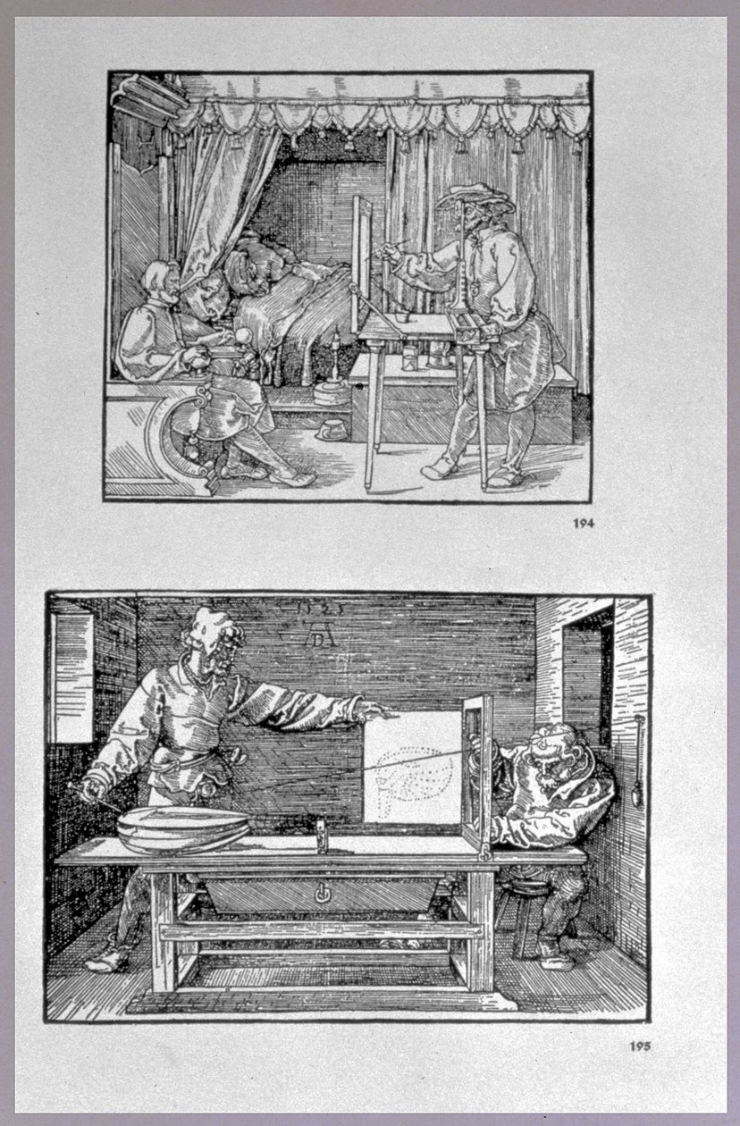 Apparat för att översätta tredimensionella objekt till tvådimensionella ritningar, två scener ur konstnärens första tekniska bok Introduction in the Art of Measurement with Compass and Ruler, writt av Albrecht Dürer