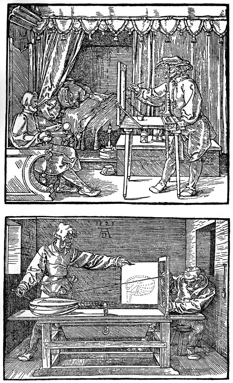 Apparat för att översätta tredimensionella objekt till tvådimensionella ritningar, 1525, 1936 av Albrecht Dürer