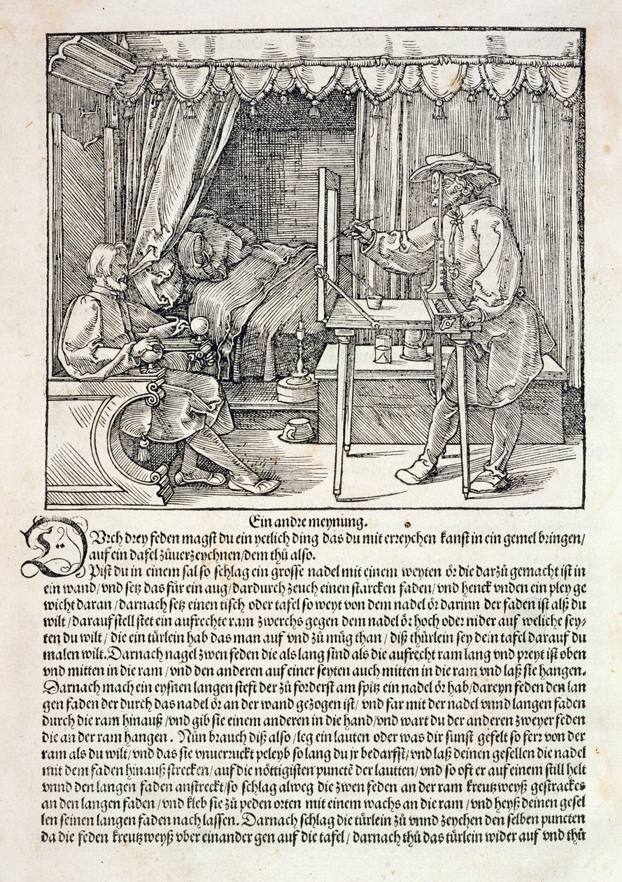Konstnär som använder Durers ritmaskin för att måla en figur, från "Course in the Art of Drawing" av Albrecht Durer, publicerad Nürnberg 1525 (se även 310983) av Albrecht Dürer
