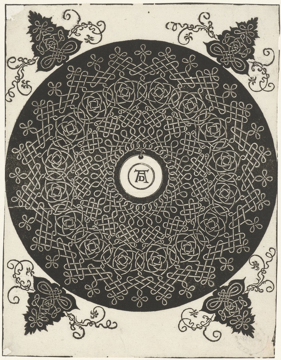 Broderiexempel med rund sköld av Albrecht Dürer