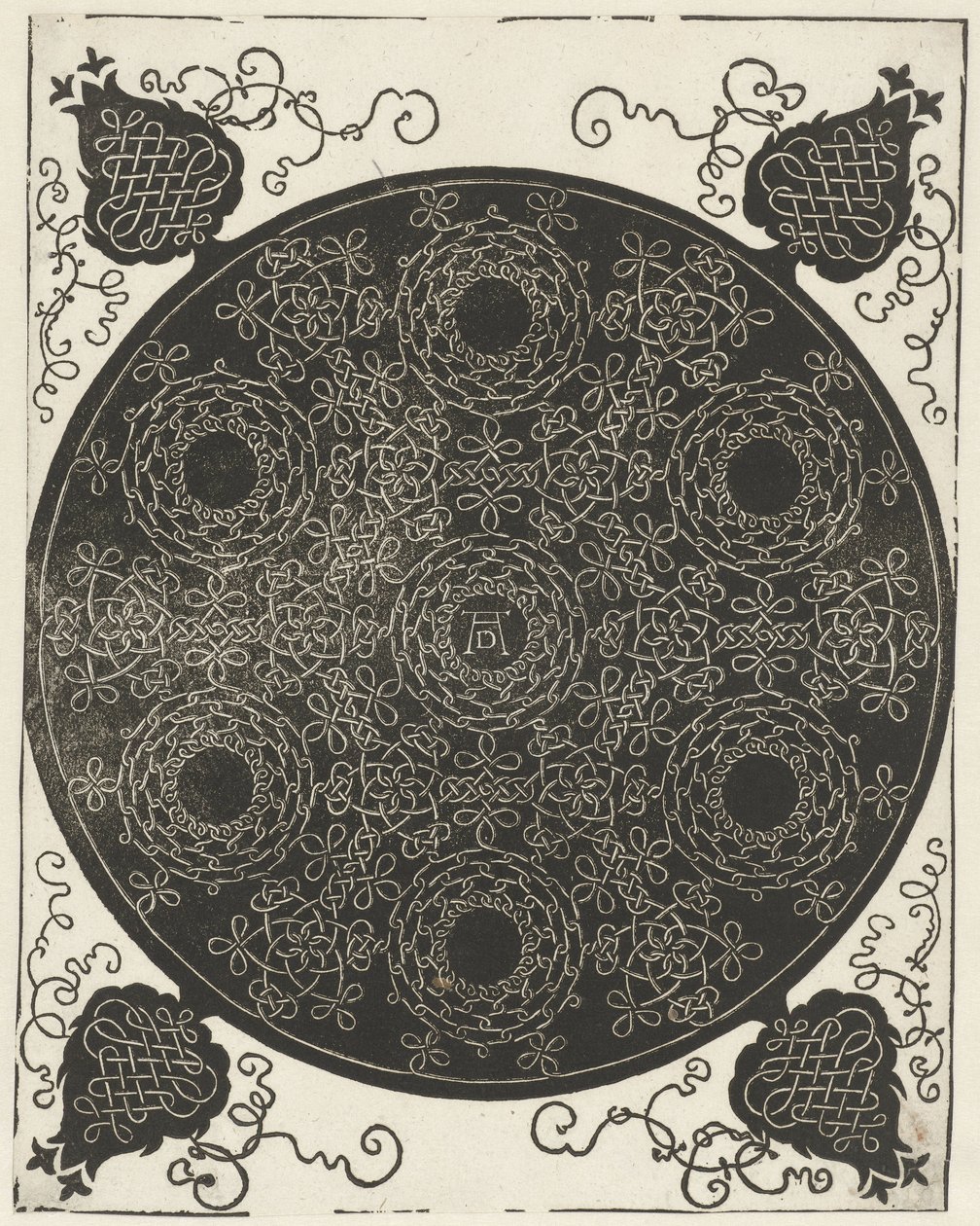Broderiexempel med sju kransformade motiv av Albrecht Dürer