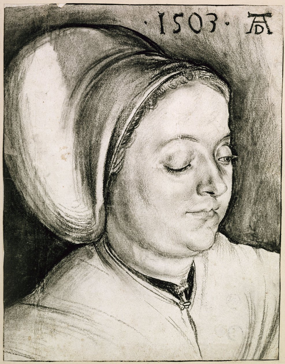 Bröstbild av en kvinna med vadderad huvudbonad av Albrecht Dürer