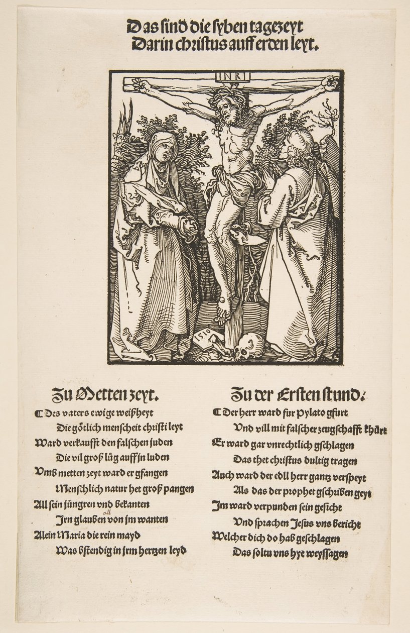 Kristus på korset mellan Jungfrun och Sankt Johannes första ark av två, 1510. av Albrecht Dürer