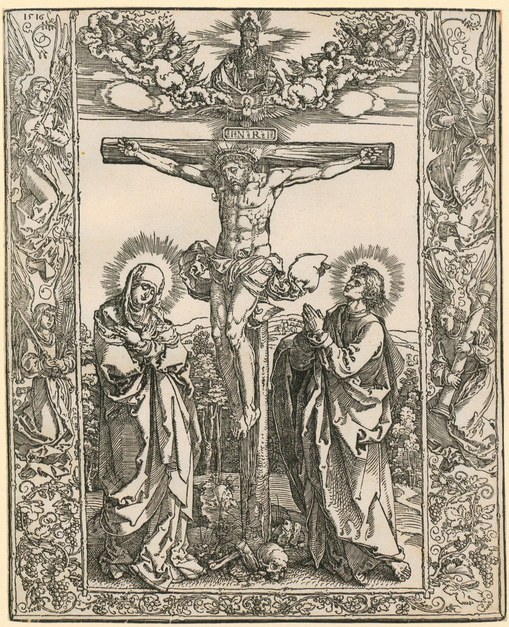 Kristus på korset med änglar i kantverket av Albrecht Dürer