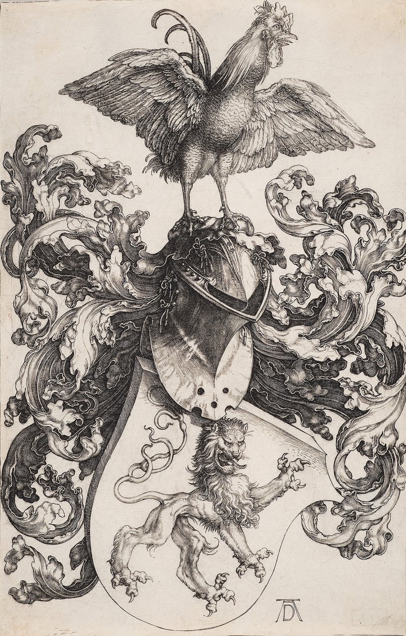 Vapensköld med ett lejon och en kuk av Albrecht Dürer