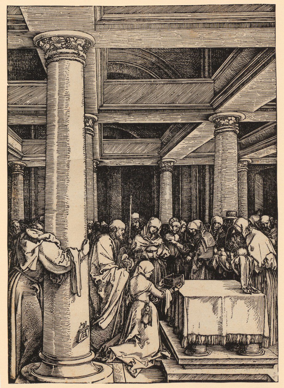 Avbildning i templet, blad 13 i serien ”Marias liv” av Albrecht Dürer