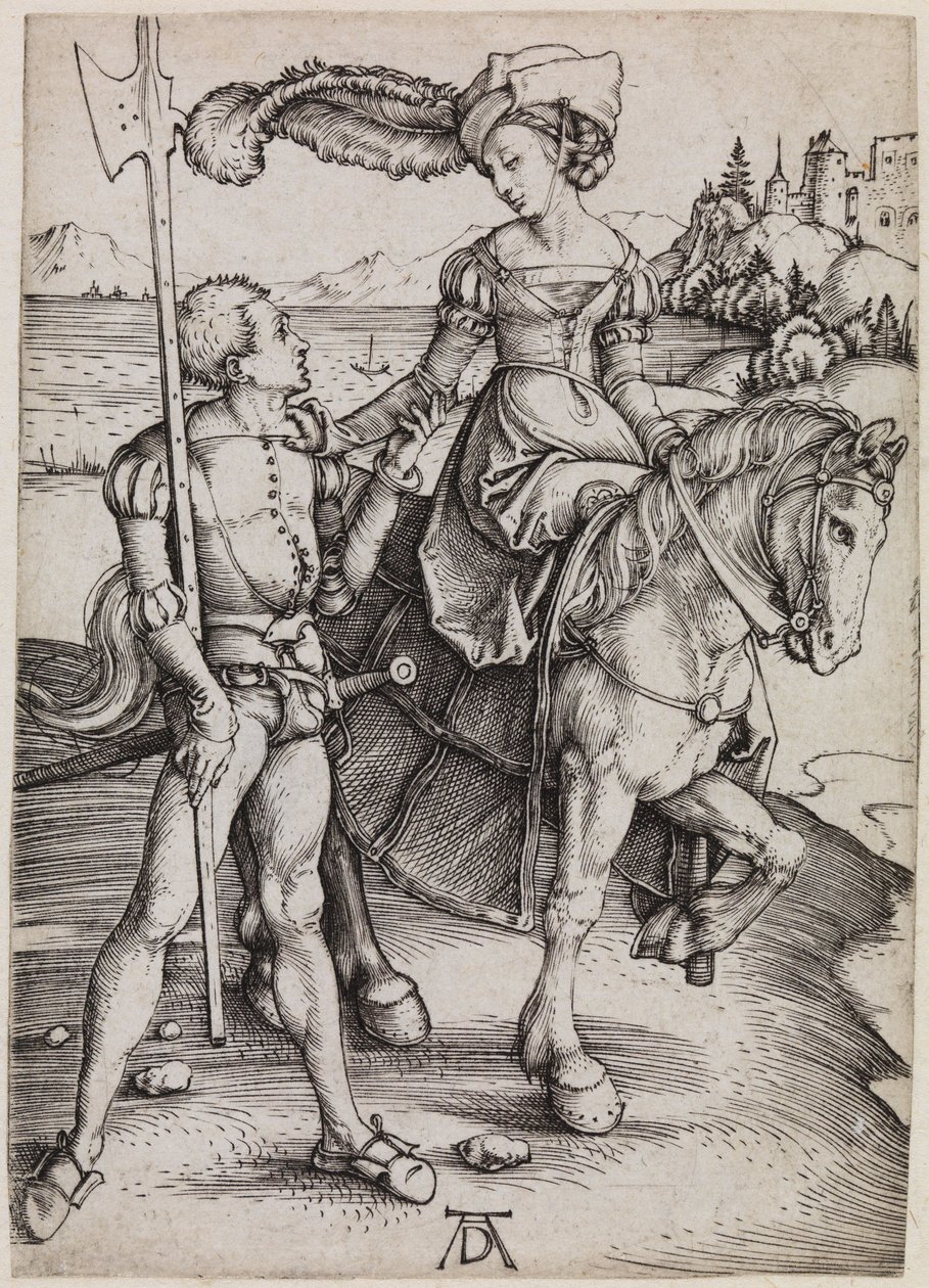 Den unga damen till häst och landsknechten av Albrecht Dürer