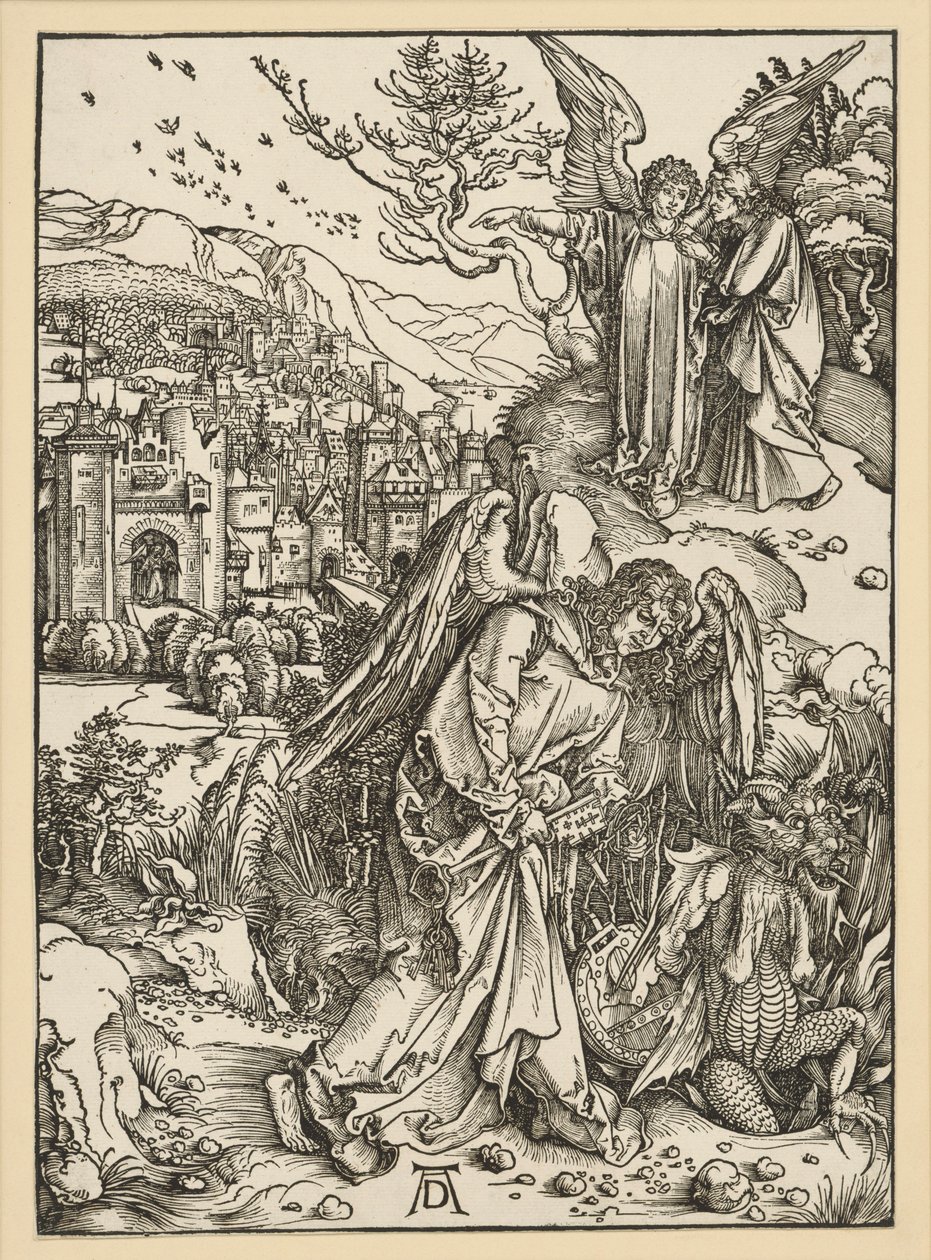 Ängeln kastar draken i avgrunden och stänger in den där (Apokalypsen) av Albrecht Dürer
