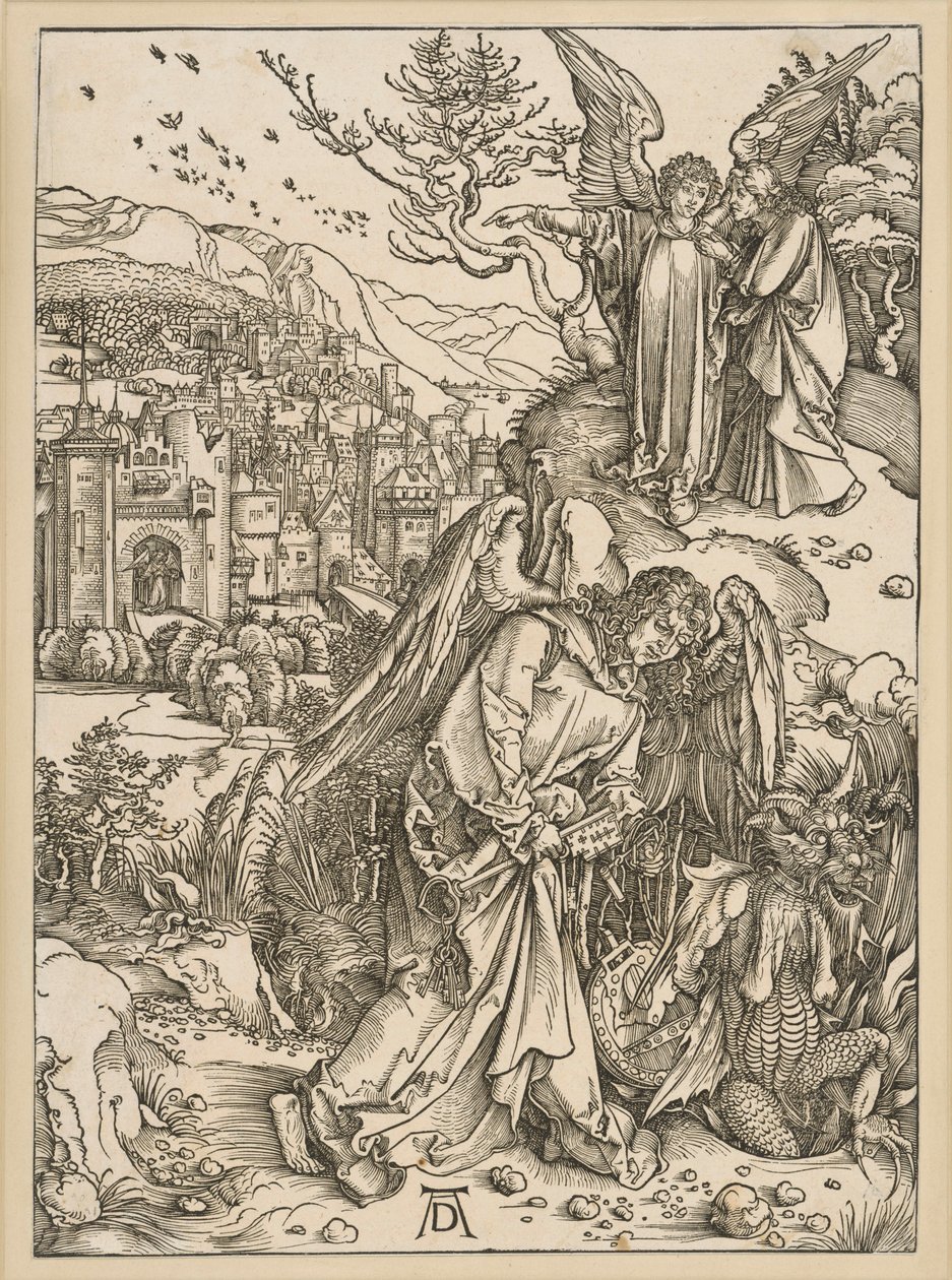 Ängeln kastar draken i avgrunden och stänger in honom där (Uppenbarelseboken) av Albrecht Dürer