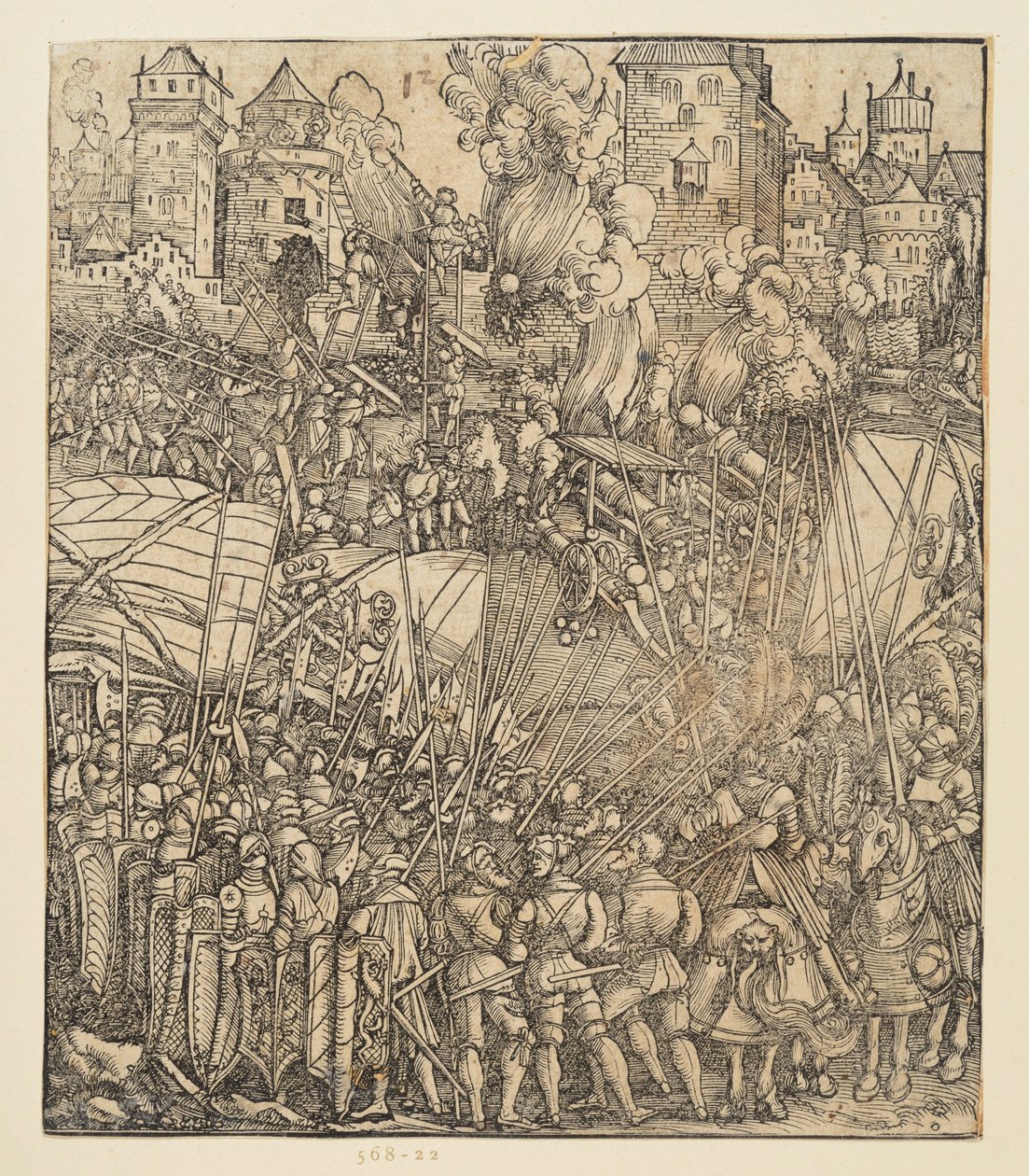 Kejsar Maximilian I:s triumfbåge (fragment av 24b): Slagscenen uppe till vänster av Albrecht Dürer