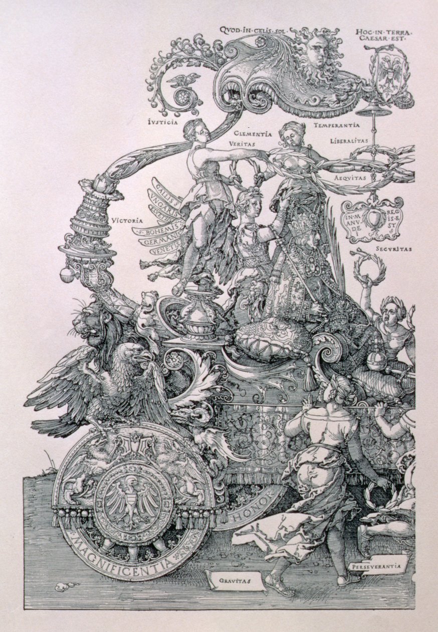 Design för kejsar Maximilian I:s stora triumfvagn: detalj som visar dygderna som placerar en krans på kejsarens huvud, planerad av Willibald Pirckheimer, pub. c.1518 av Albrecht Dürer