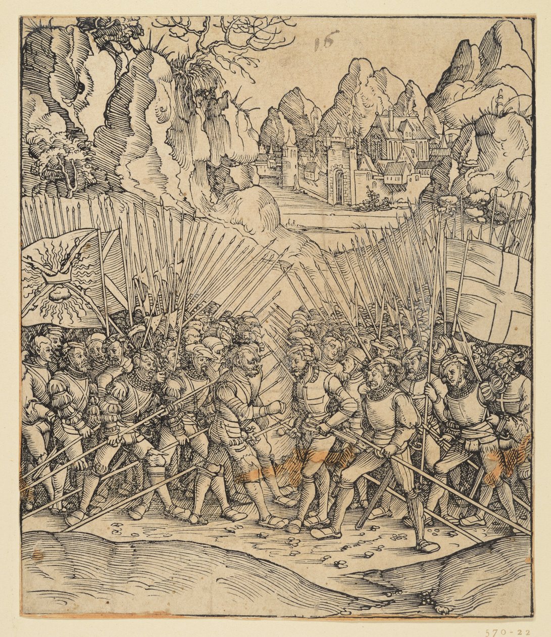 Kejsar Maximilian I:s triumfbåge (fragment från 24b): Stridsscenen längst ned till vänster av Albrecht Dürer