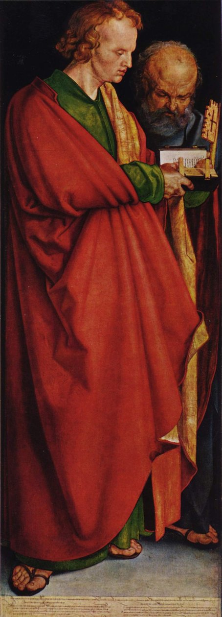 De fyra apostlarna, vänster del, scen: Johannes och Petrus av Albrecht Dürer