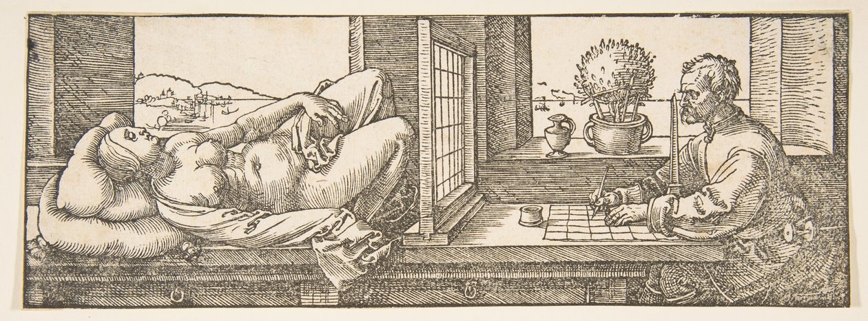 Ritare som gör en perspektivteckning av en liggande kvinna, ca. 1600. av Albrecht Dürer