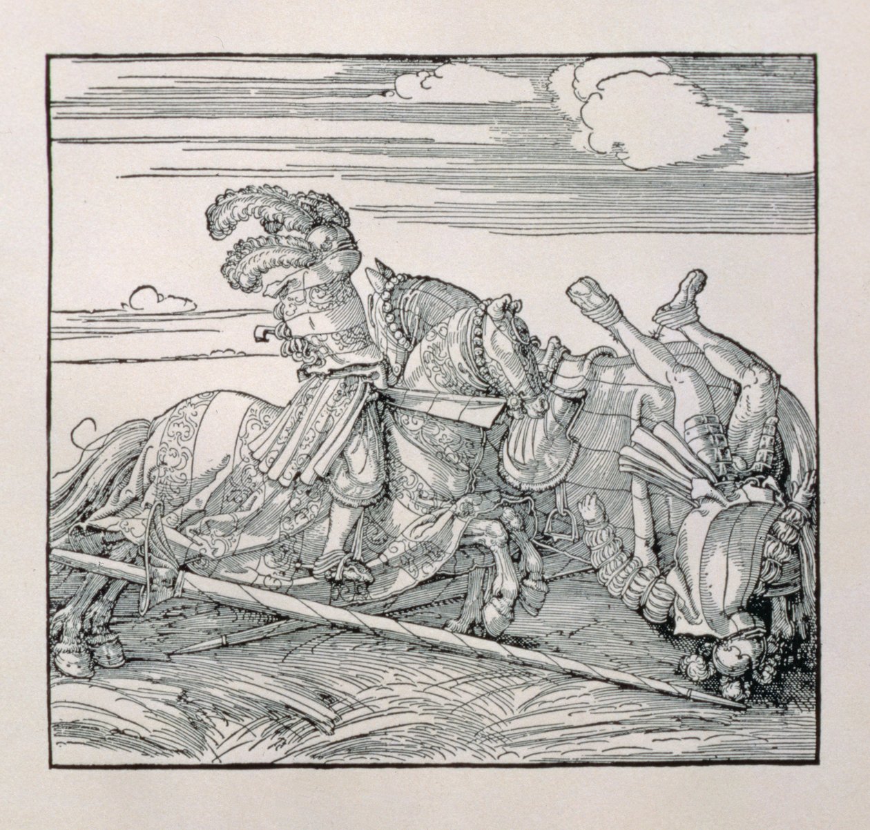 Kejsar Maximilian I av Tyskland (1459-1519) avsätter en motståndare i en tornerspel, från en opublicerad bok som glorifierar kejsarnas riddardåd, ca 1515 av Albrecht Dürer