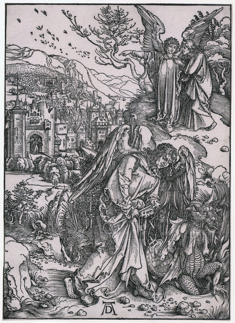 Ängeln med nyckeln till avgrunden, figur XIV, blad 16 i serien ”Apokalypsen” av Albrecht Dürer