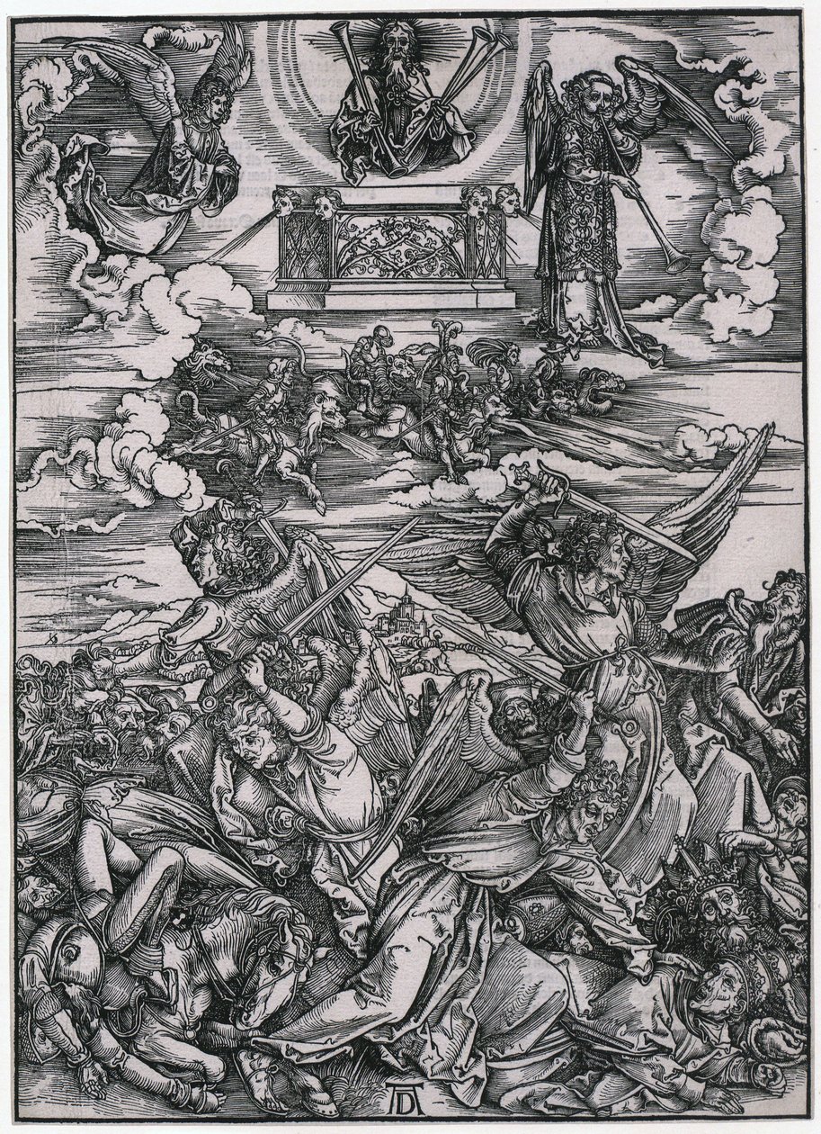Änglakampen, figur VII, blad 9 i serien ”Apokalypsen” av Albrecht Dürer
