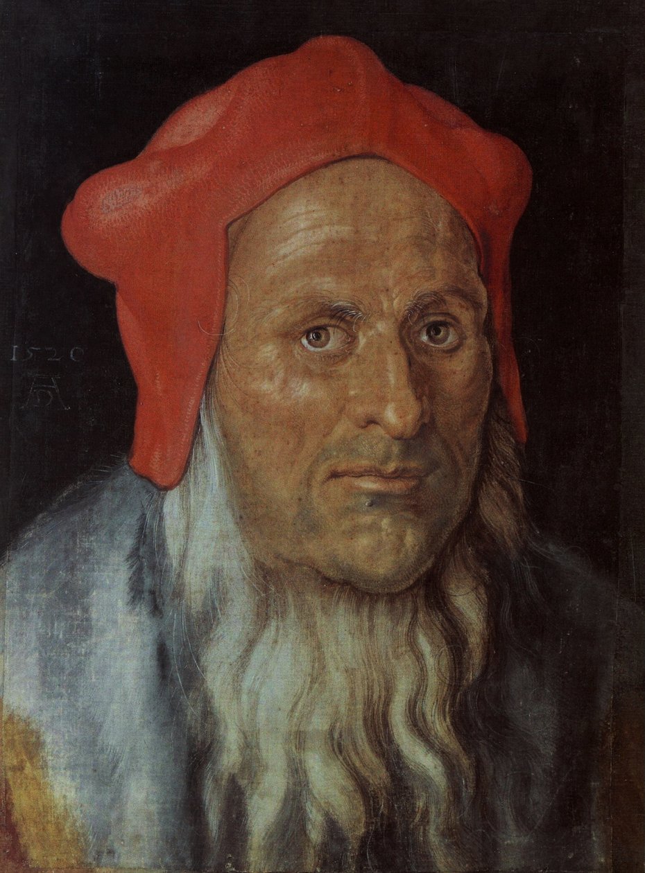 Tyska: Porträtt av en skäggig man med röd mössa Porträtt av en man av Albrecht Dürer