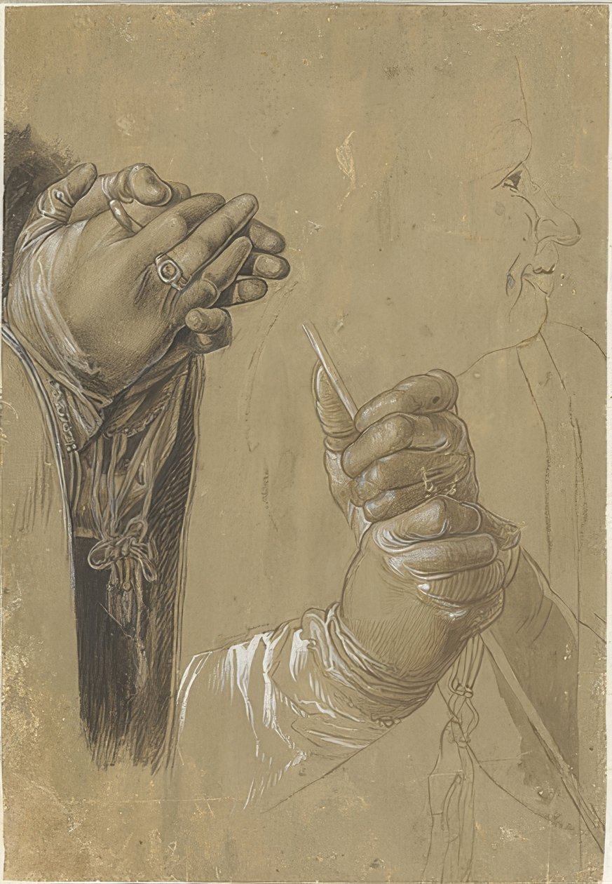 Händer och ett huvud i profil av Albrecht Dürer