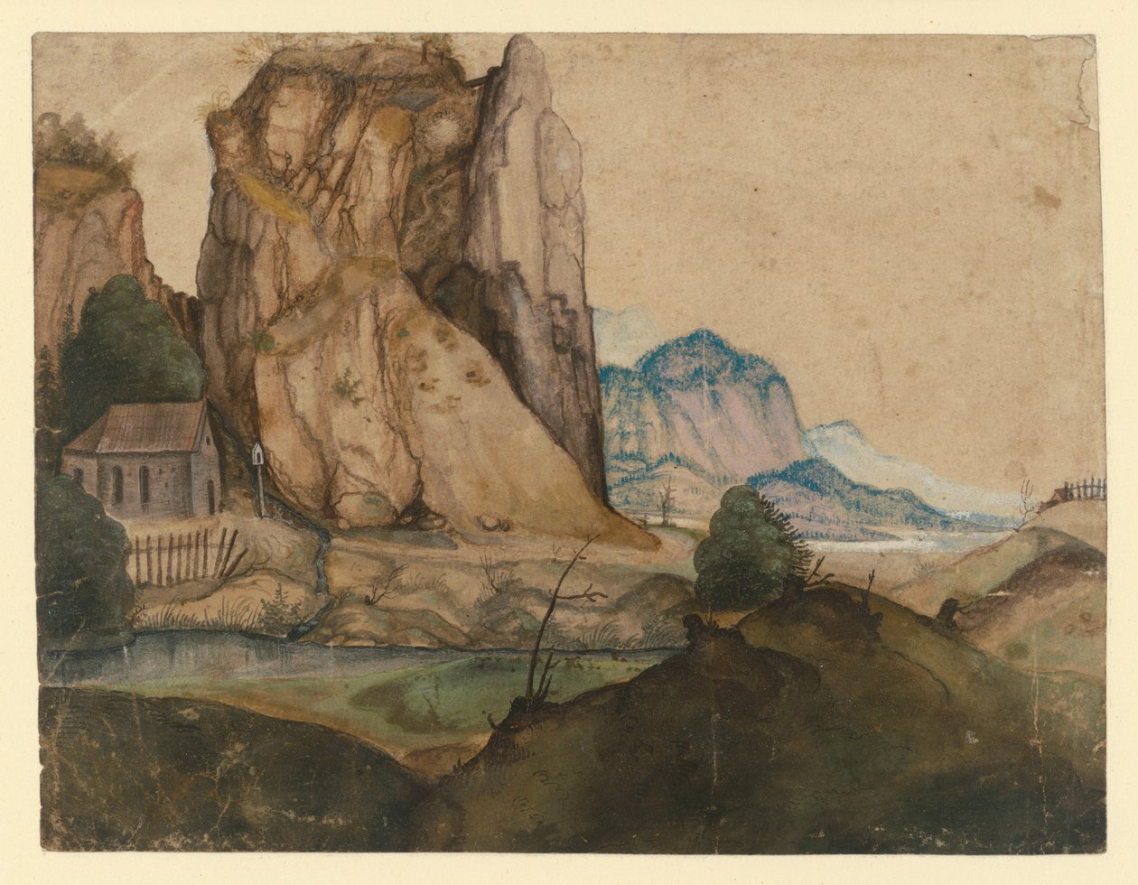 Ett kuperat landskap med en kapell bland höga klippor av Albrecht Dürer