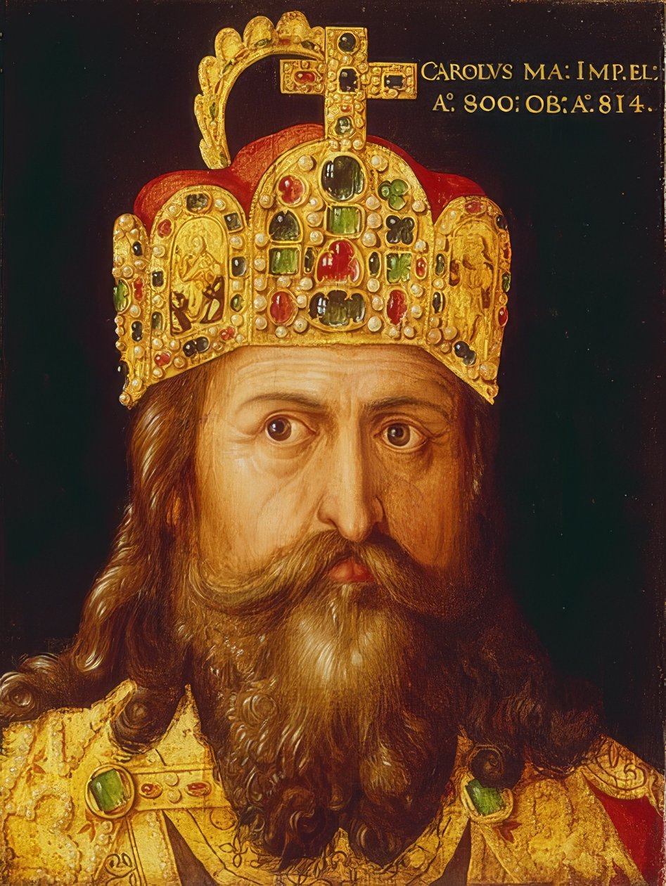 Idealiskt porträtt av kejsar Karl den Store i kröningsregalier med kejsarkronan. Nürnberg, 1517 av Albrecht Dürer