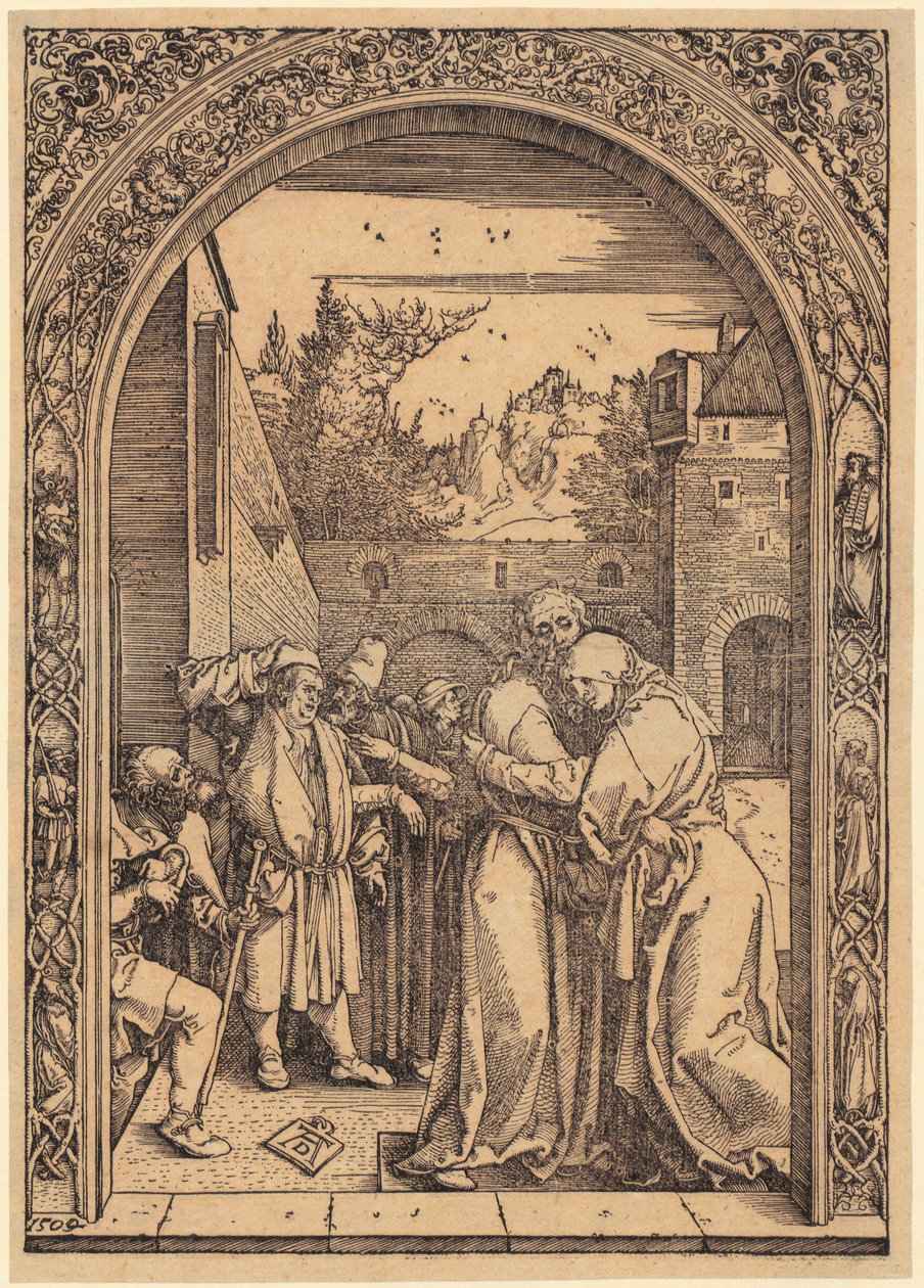 Joachim och Anna under den gyllene porten, blad 4 i serien ”Marias liv” av Albrecht Dürer