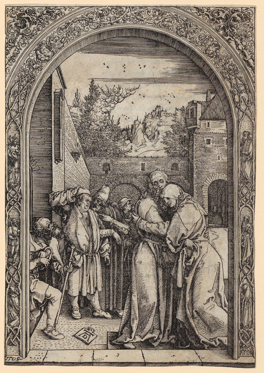 Joakim och Anna under Gyllene porten, blad 4 i serien ”Marias liv” av Albrecht Dürer