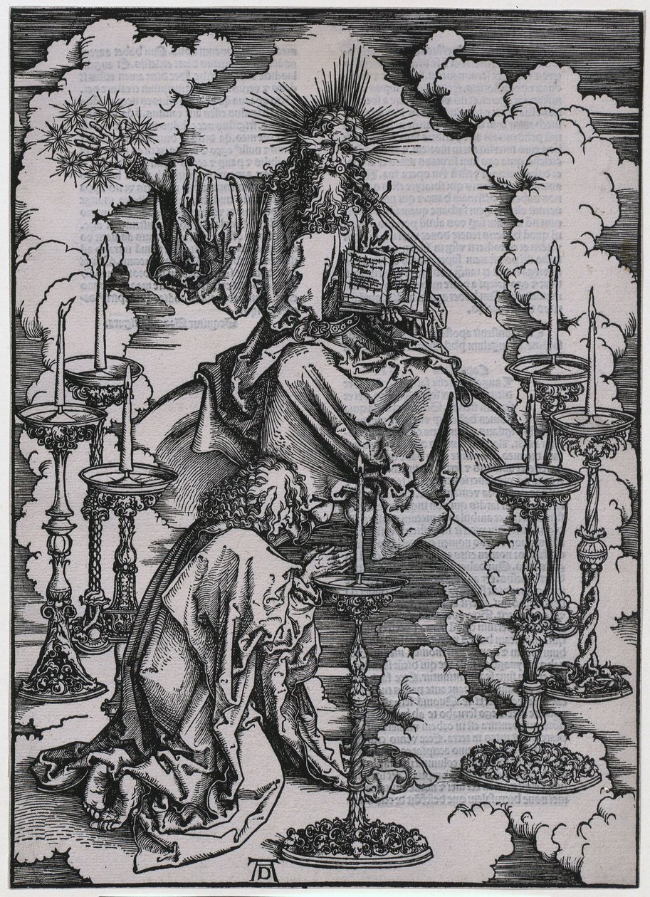 Johannes ser de sju ljusstakarna, figur I, blad 3 i serien ”Uppenbarelseboken” av Albrecht Dürer