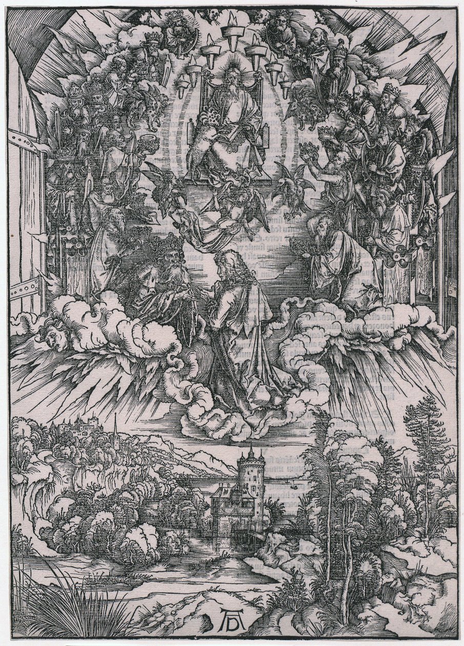 Johannes inför Gud Fadern och de äldste, figur II, blad 4 i serien ”Uppenbarelseboken” av Albrecht Dürer
