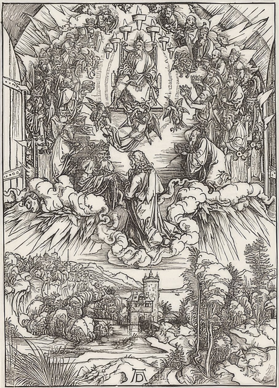 Johannes inför Gud Fadern och de äldste, från avsnittet av Apokalypsen. 1496 av Albrecht Dürer