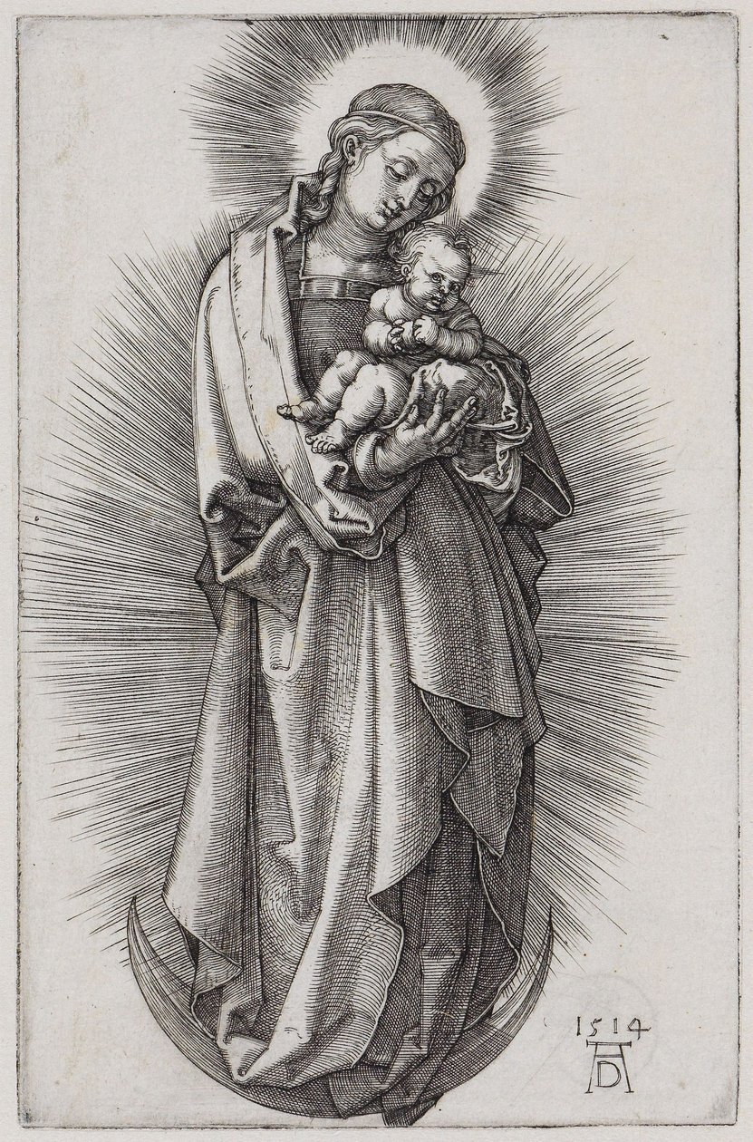 Jungfru med hårband i strålkrans på månskäran av Albrecht Dürer