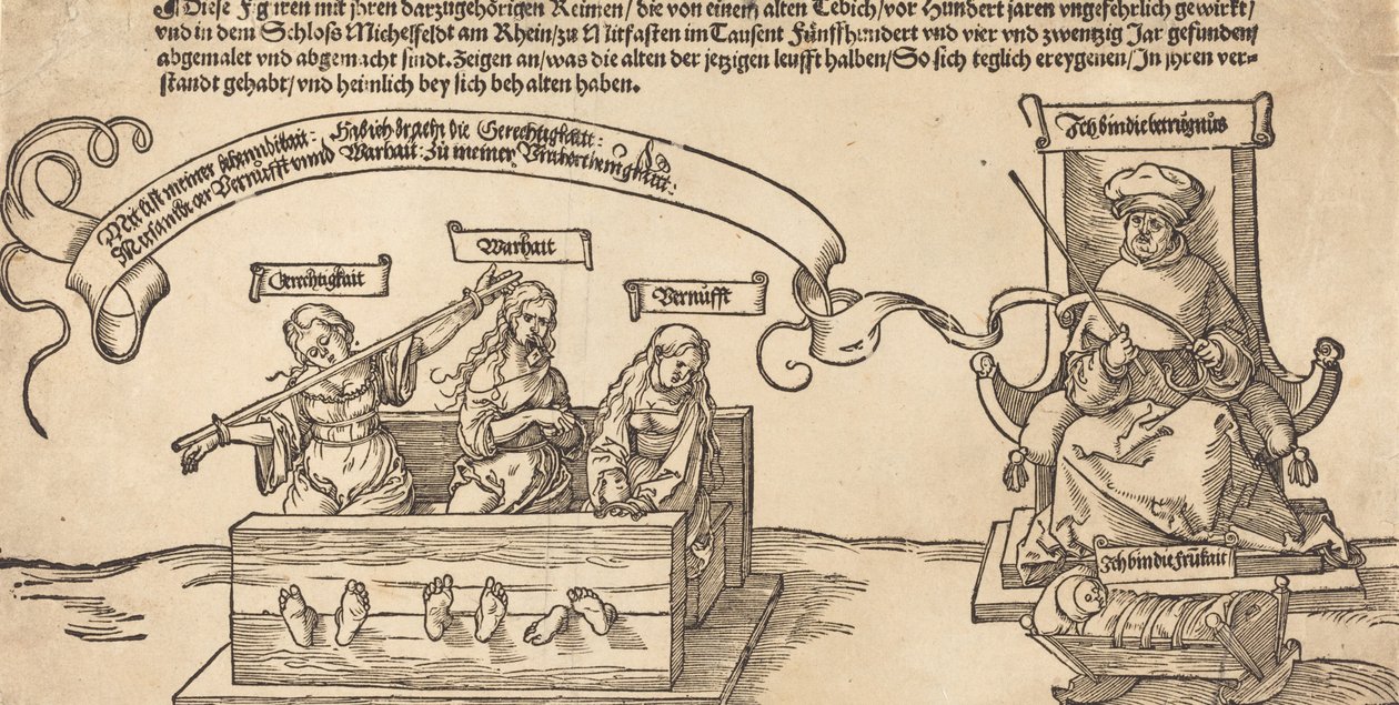 Rättvisa, sanning och förnuft i aktierna med den sittande domaren och sovande fromheten, troligen 1526. av Albrecht Dürer