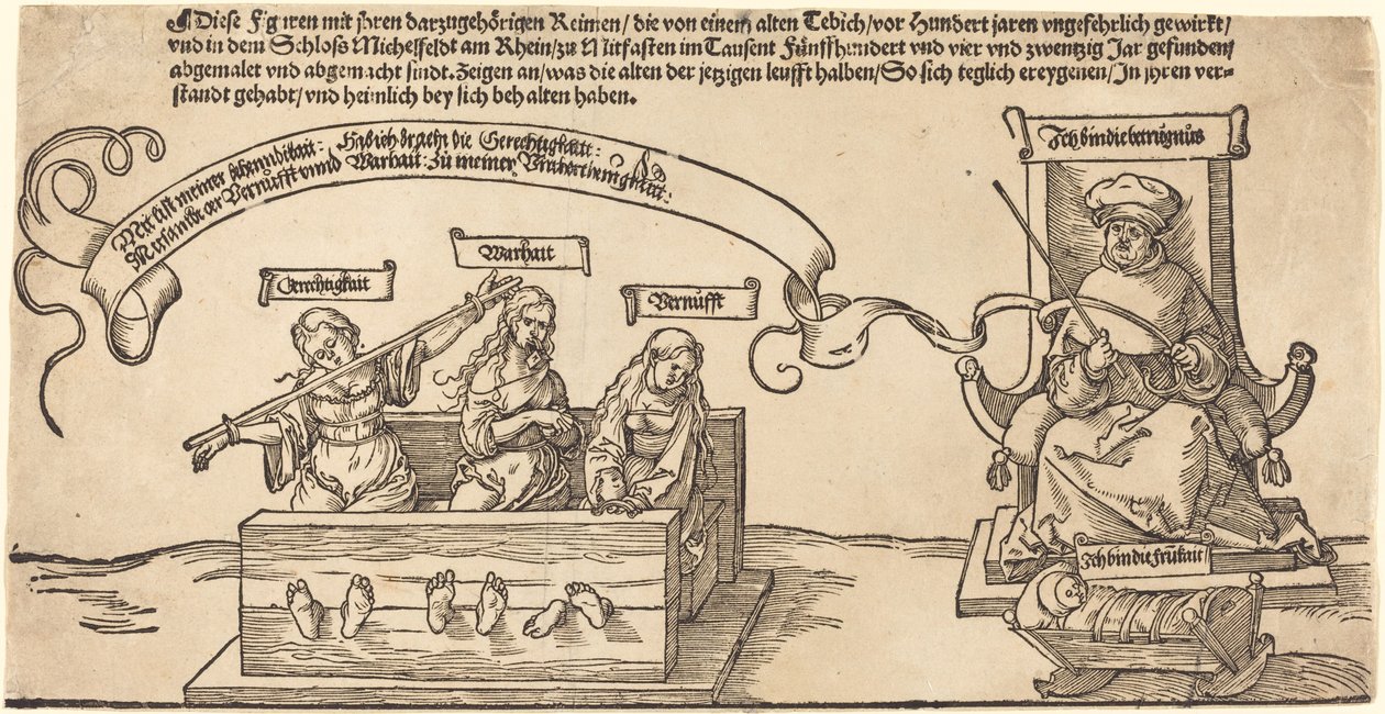 Rättvisa, sanning och förnuft i aktierna med den sittande domaren och sovande fromhet av Albrecht Dürer