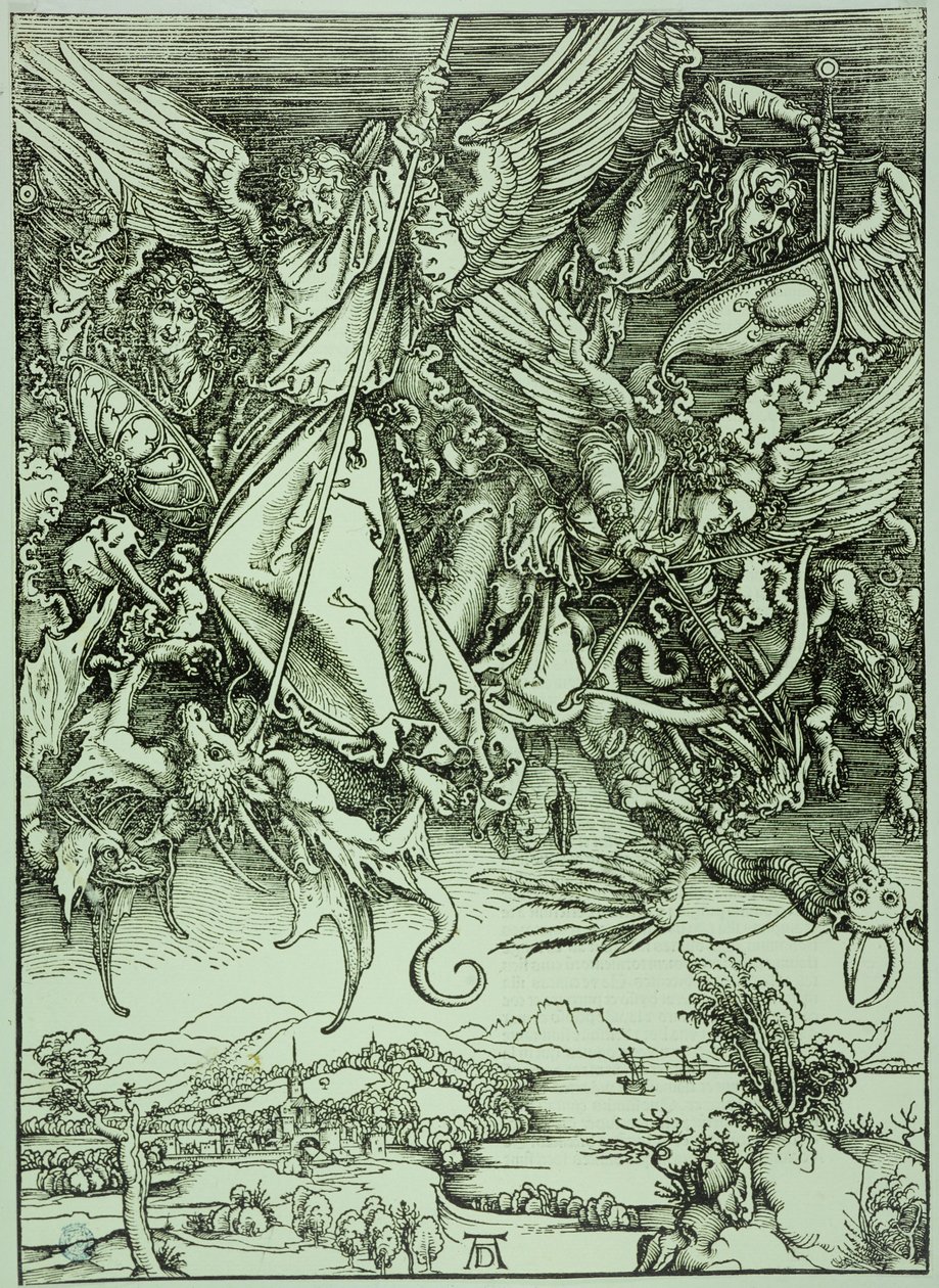 Uppenbarelseboken (latinsk utgåva): Sankt Mikael som besegrar draken (Bartsch 72) av Albrecht Dürer