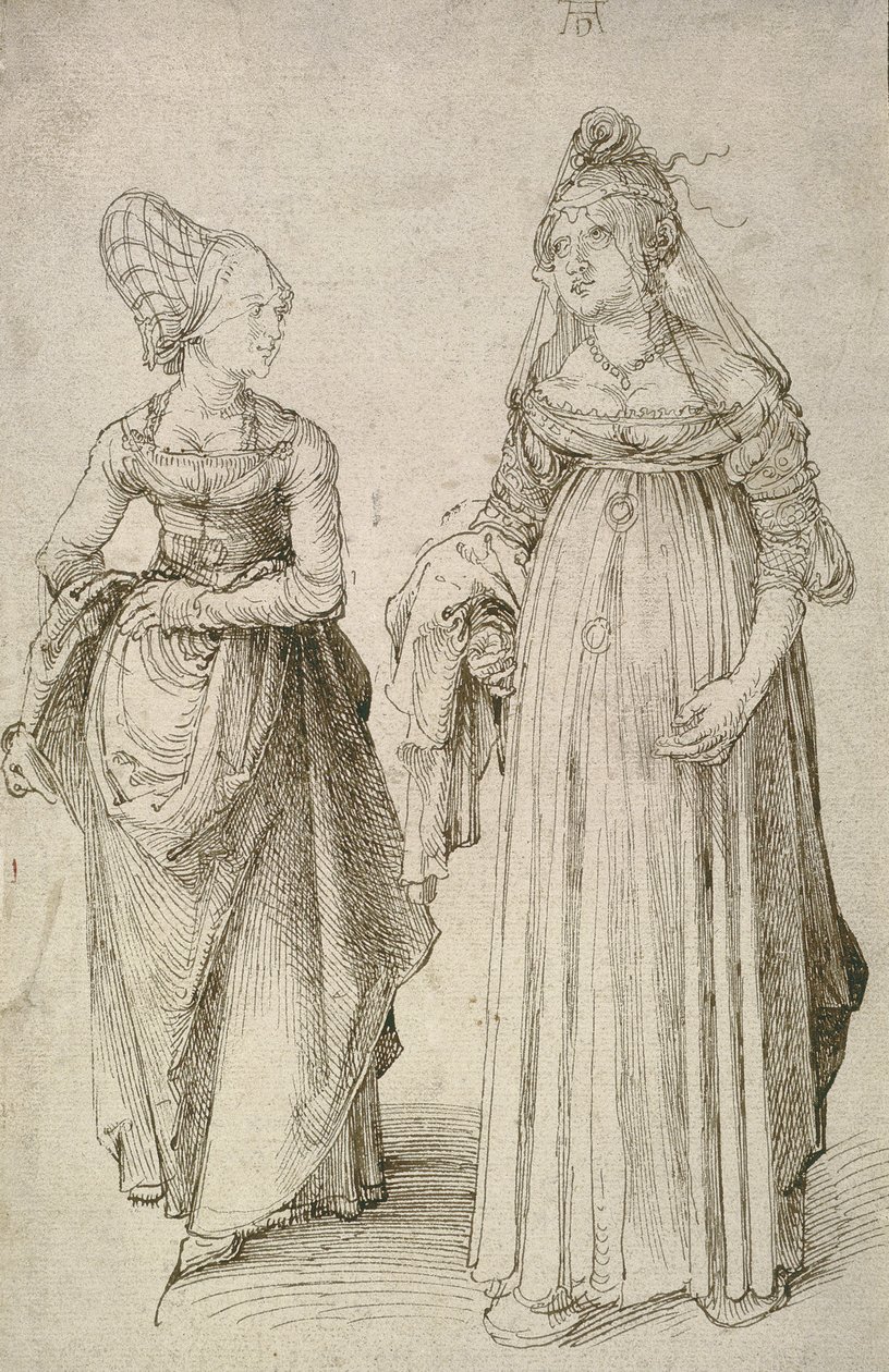 Dam i venetiansk klänning kontrasterad med en Nürnberg Hausfrau av Albrecht Dürer