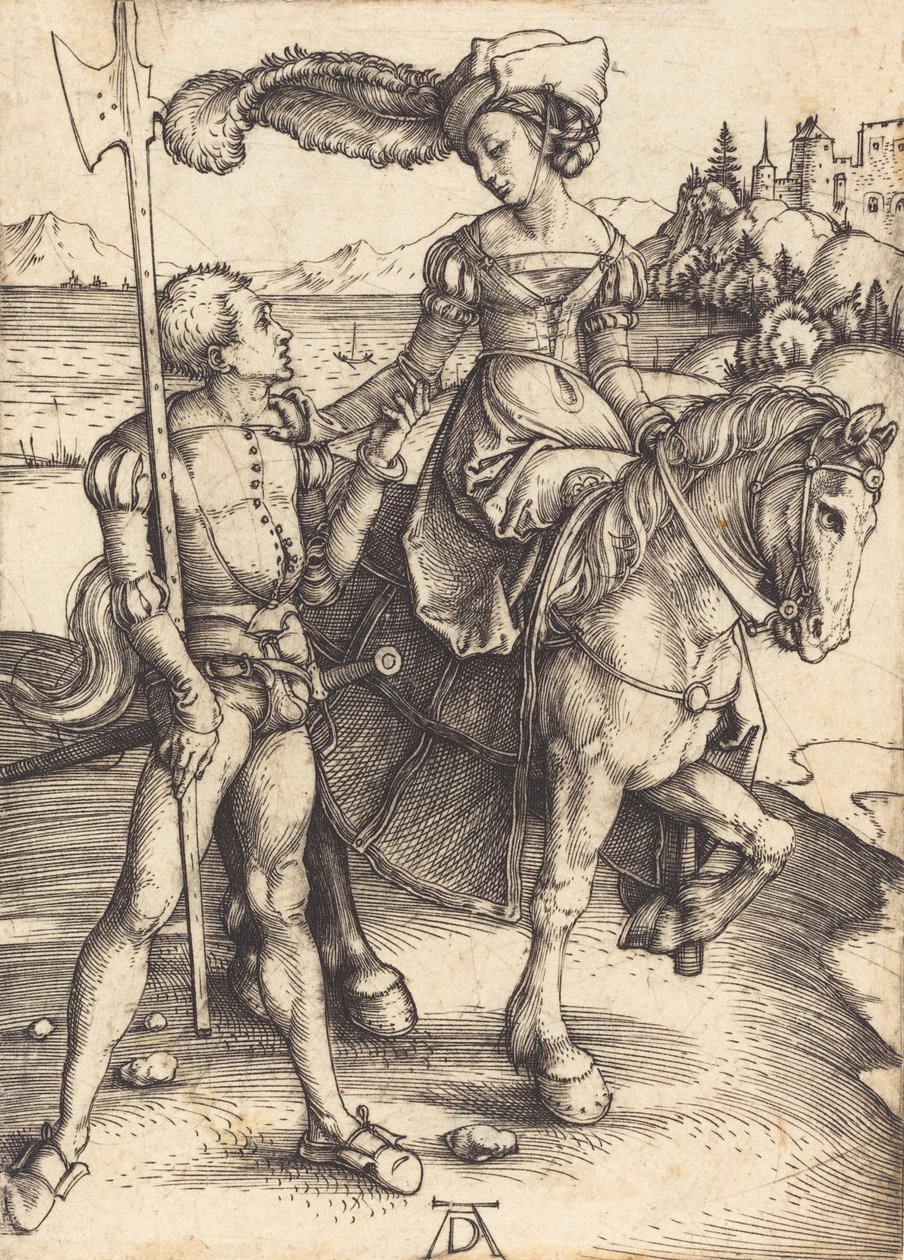 Lady till häst och Lansquenet, ca. 1497. av Albrecht Dürer
